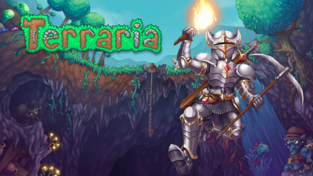 Terraria. Hardcore pixel art video game-sandbox with building, crafting and side view